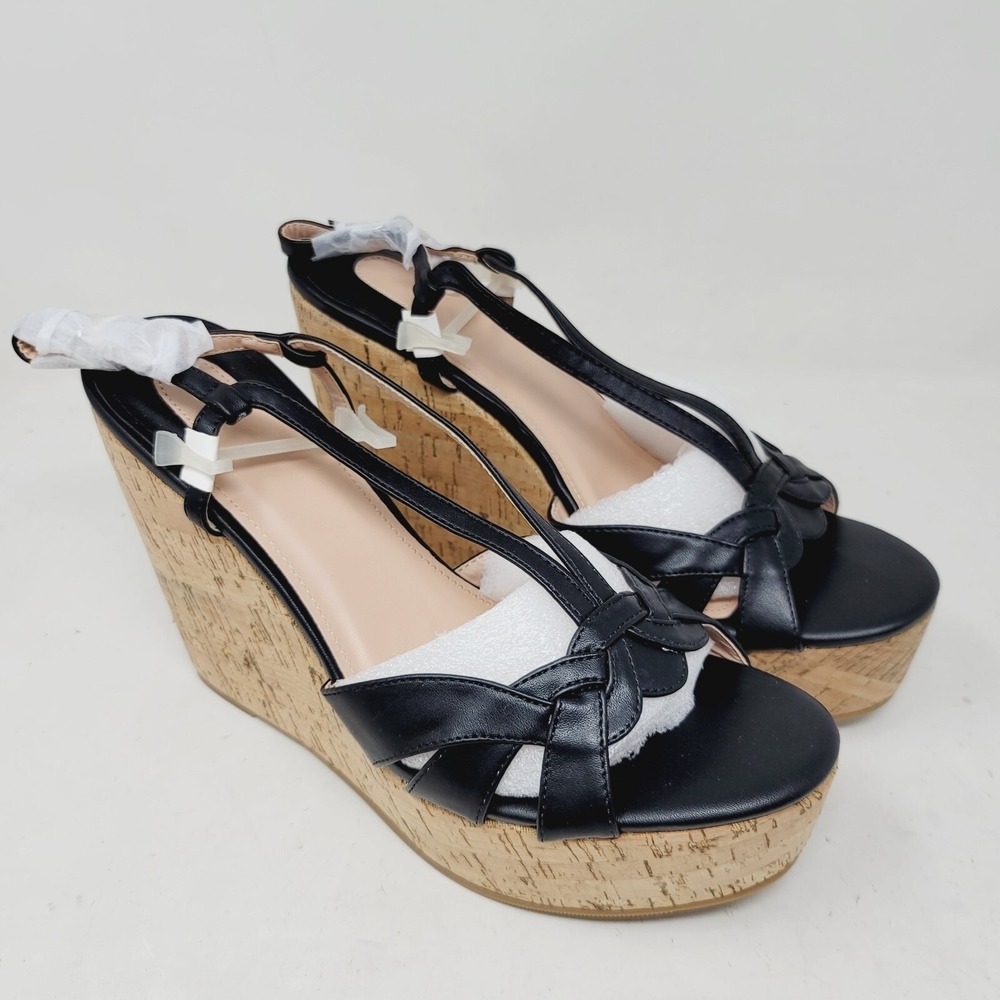 VETASTE Women's Sandals Sz 10 M Strappy Open Toe Platform Black Wedge Shoes